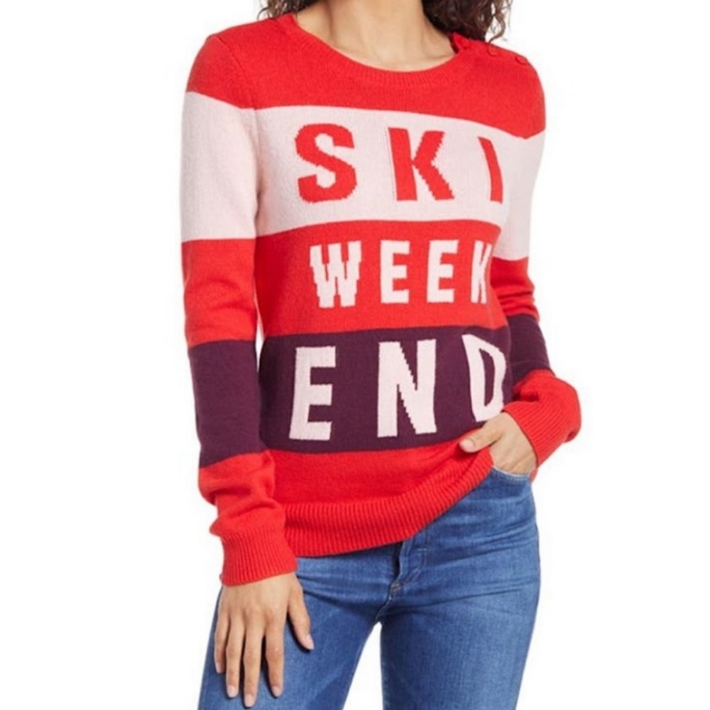 1901• M sweater Ski Weekend crewneck long sleeve shoulder button detail …